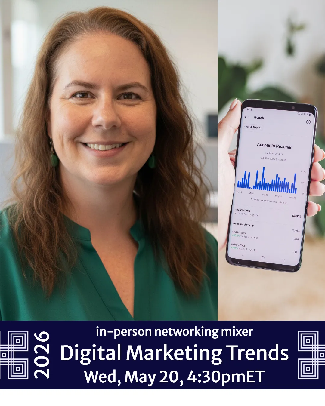 Promotional graphic with three panels: a hand holding a phone showing analytics, a smiling woman in a green top, and a person using a smartphone. Text reads: “Dulles Regional Chamber of Commerce. In-person networking mixer. Digital Marketing Trends. Wed, May 20, 4:30pm ET. 2026.”